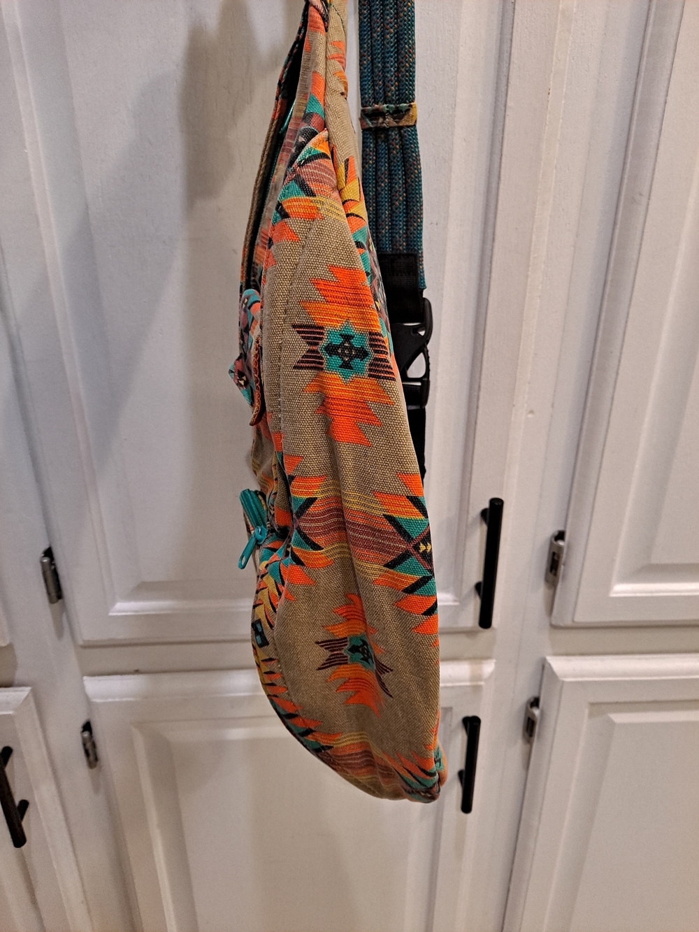 Kavu 'Mojave Dunes' Tan Rope Sling Bag Teal Orange Aztec Accents Canvas Tote - Picture 7 of 12